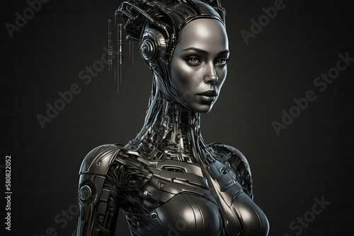 Robot woman on black background