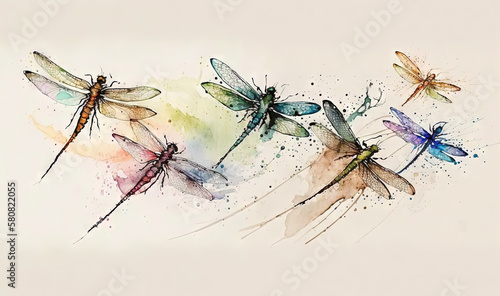  a group of dragonflies sitting on top of a white wall next to a white wall with watercolor splashes on it's surface. generative ai