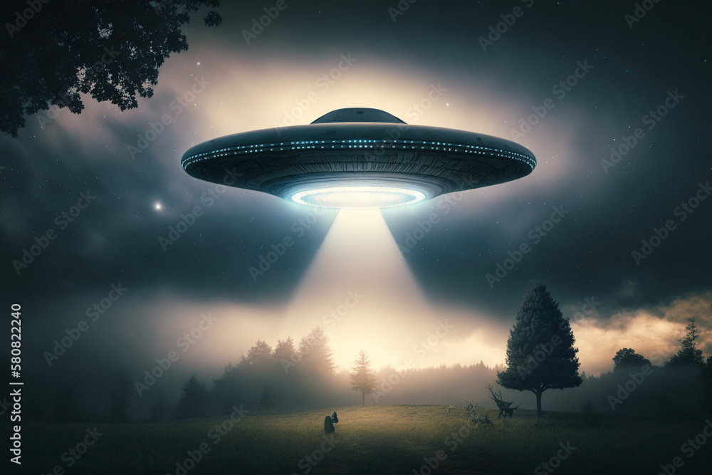UFO Spaceship Flying Saucer Alien Beaming to Earth Landscape Smoke Clouds Space Generative AI UFO Spaceship Flying Saucer Alien Beaming to Earth Landscape Smoke Clouds Space Generative AI