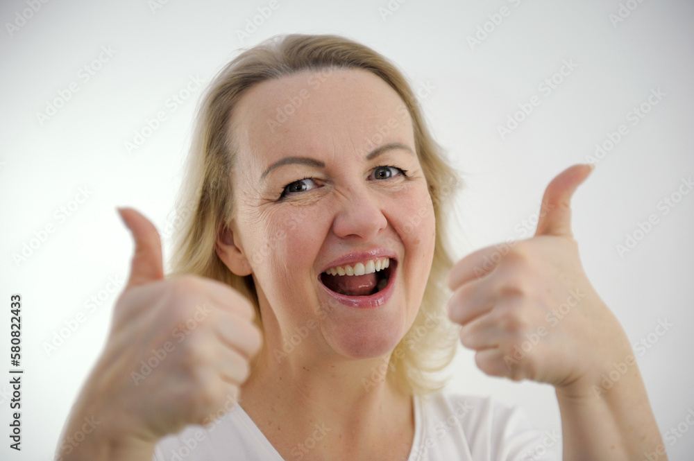 cheerful happy woman showing 2 thumbs up on two hands class like positive emotions joy good offer buy sale advertising training banner for billboard cheerful happy woman showing 2 thumbs up on two hands class like positive emotions joy good offer buy sale advertising training banner for billboard