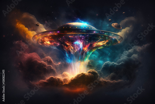 UFO Spaceship Flying Saucer Alien Beaming to Earth Landscape Smoke Clouds Space Generative AI © Kelly Cree