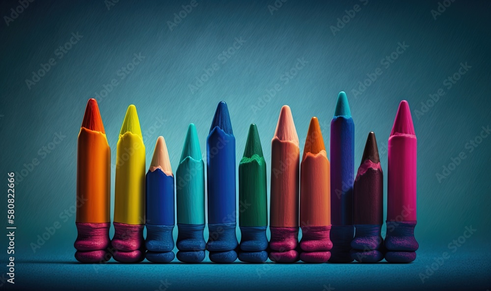a row of colored crayons lined up in a row on a blue background with a blue background behind them and a green background. generative ai a row of colored crayons lined up in a row on a blue background with a blue background behind them and a green background. generative ai