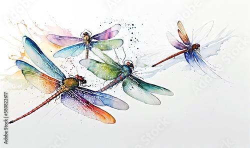  a group of dragonflies flying through the air with watercolor paint on it's wings, and the wings are multicolored. generative ai