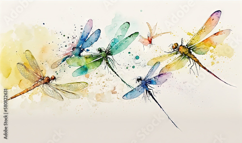  a group of dragonflies sitting on top of a white wall next to each other on top of a white surface with watercolor spots. generative ai