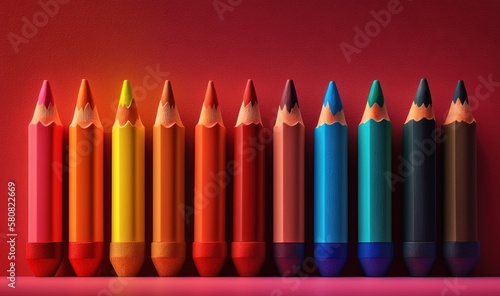  a row of colored pencils lined up against a red wall with a red background and a red wall behind them with a red wall in the background. generative ai