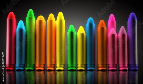  a row of different colored crayons on a black background with a reflection on the floor and a black background with a reflection of the crayons.  generative ai