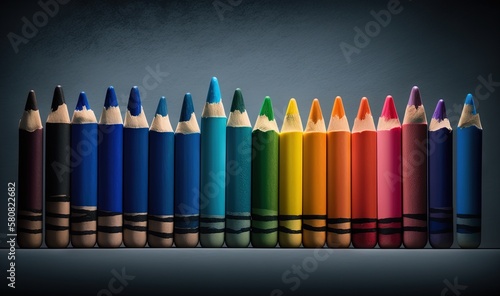  a row of colored pencils lined up in a row on a black background with a reflection of the pencils in front of the row. generative ai
