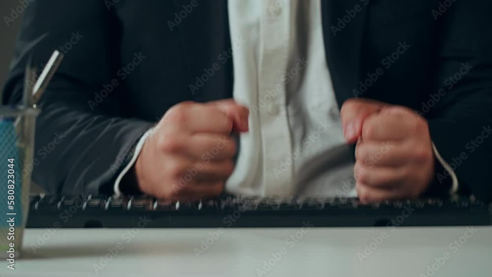 Aggressive man at work, Computer failure, error, stress at work concept. Mad impulsive crazy adult guy breaks down laptop, office worker pushing monitor and keyboard