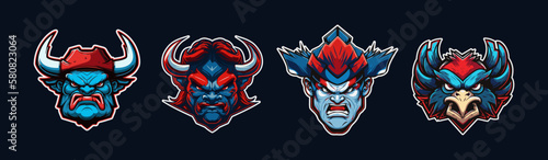 Cartoon animal head, red and blue sport logo collection with white outlined. Angry face of bull, giant, aviator and eagle characters. Sport team mascot set. Vector illustration