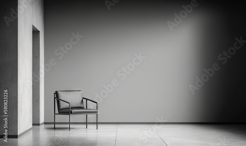  a black and white photo of a chair in a room with a wall and a door in the background with a light coming through it.  generative ai