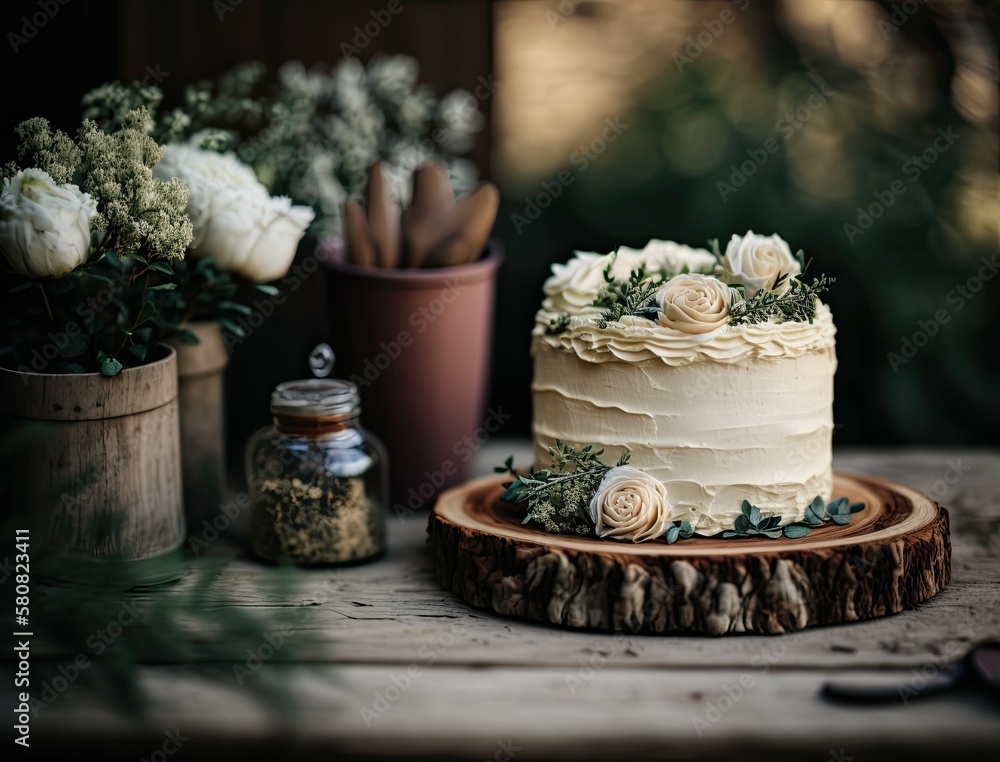 Wedding cake decorated with flowers on a wooden plate. Generative AI illustration.