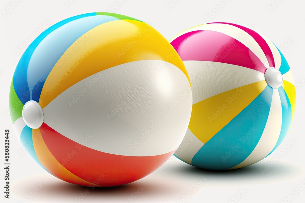Generative AI illustration of colorful inflatable balls with stripes for games on beach placed against white background Generative AI illustration of colorful inflatable balls with stripes for games on beach placed against white background
