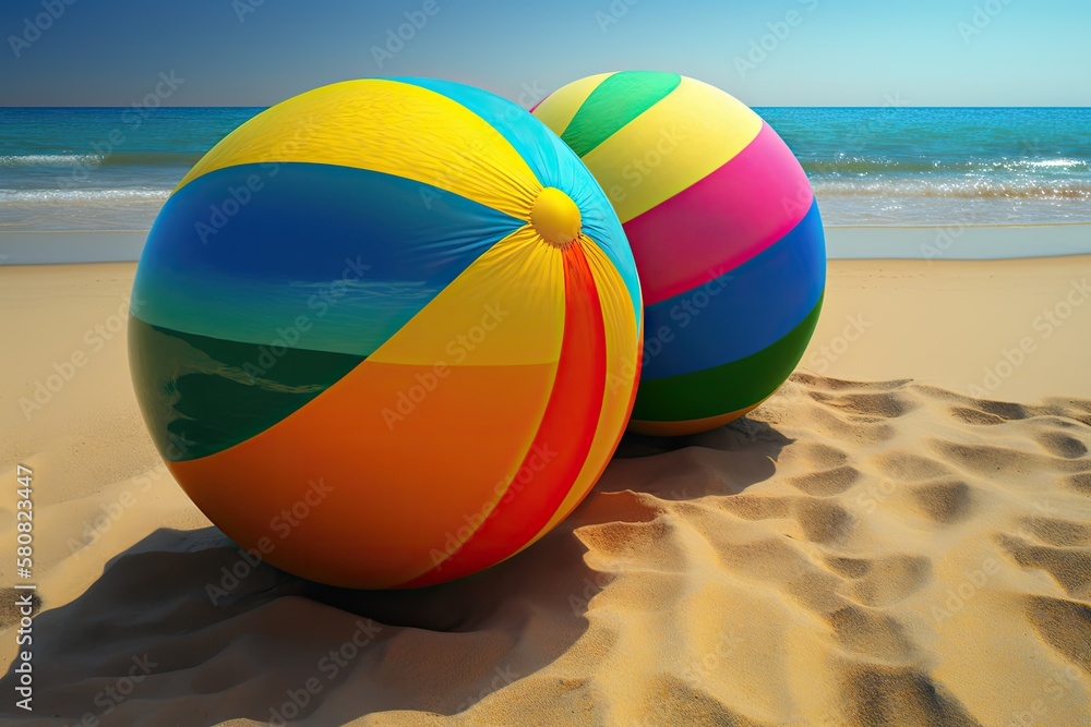 bright striped balls placed on sandy beach against waving sea during sunny summer day. Generative AI