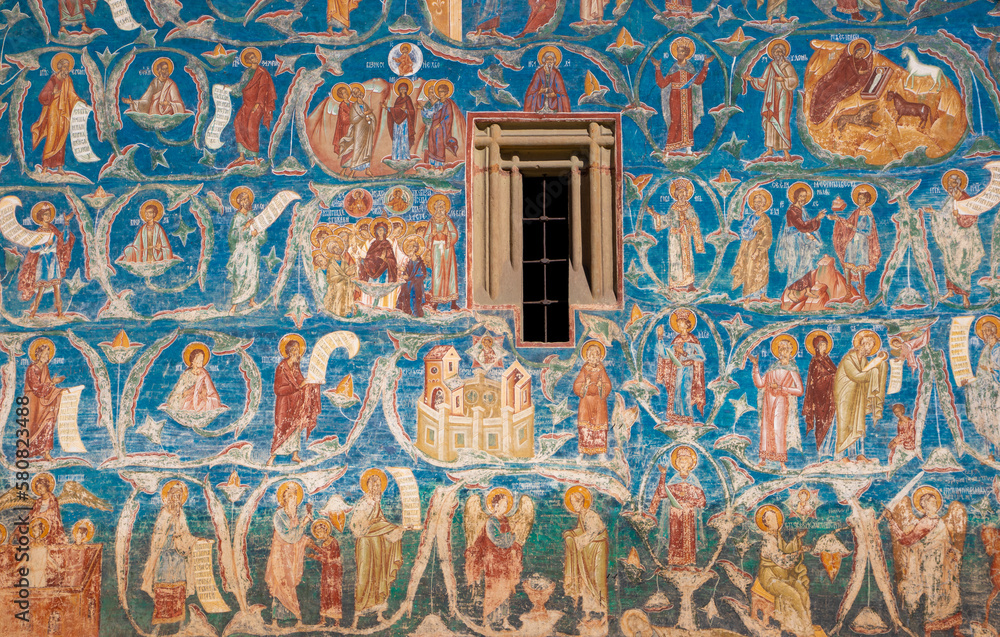 Religious paintings on the wall of Voronet monastery - Romania Religious paintings on the wall of Voronet monastery - Romania