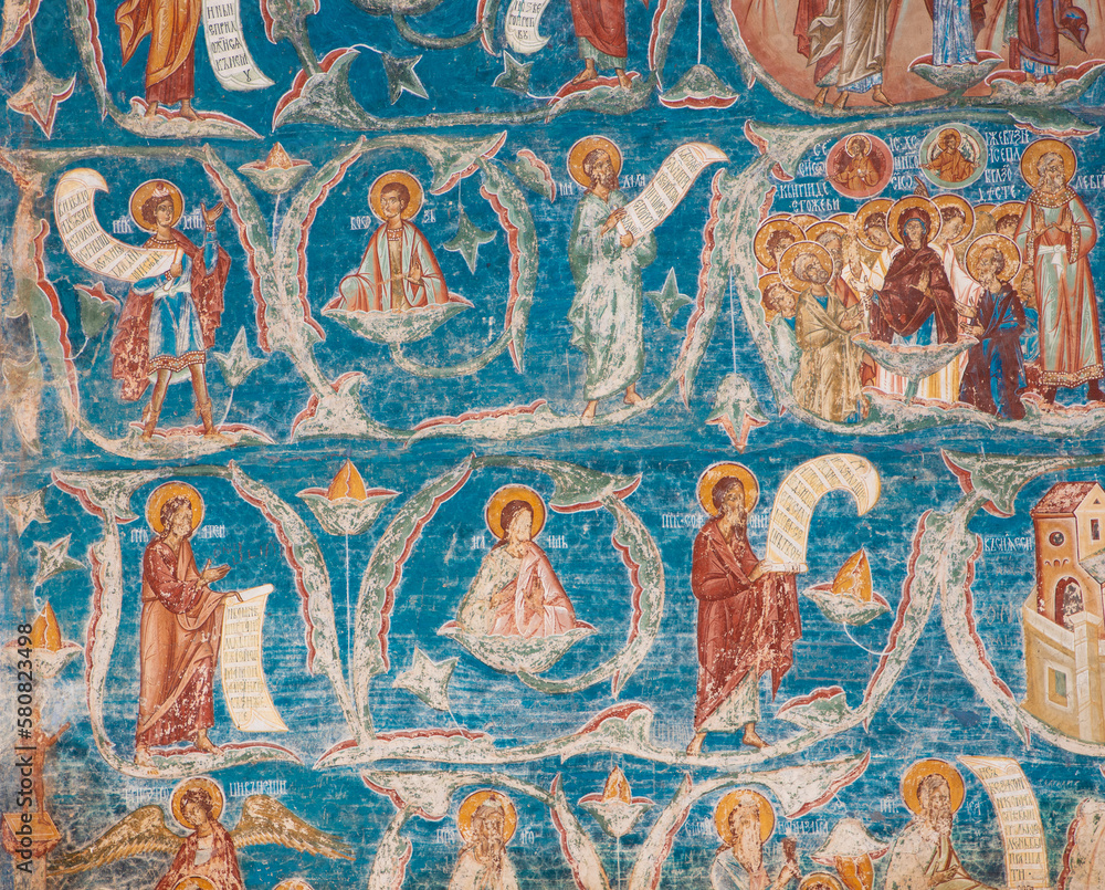 Religious paintings on the wall of Voronet monastery - Romania