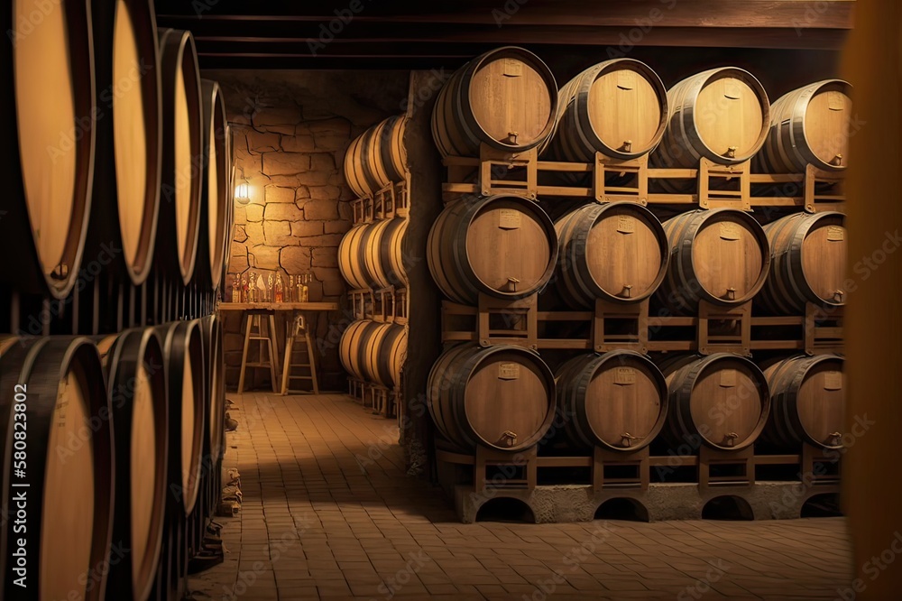 Wine Barrels in Cellar Storage. Photo generative AI