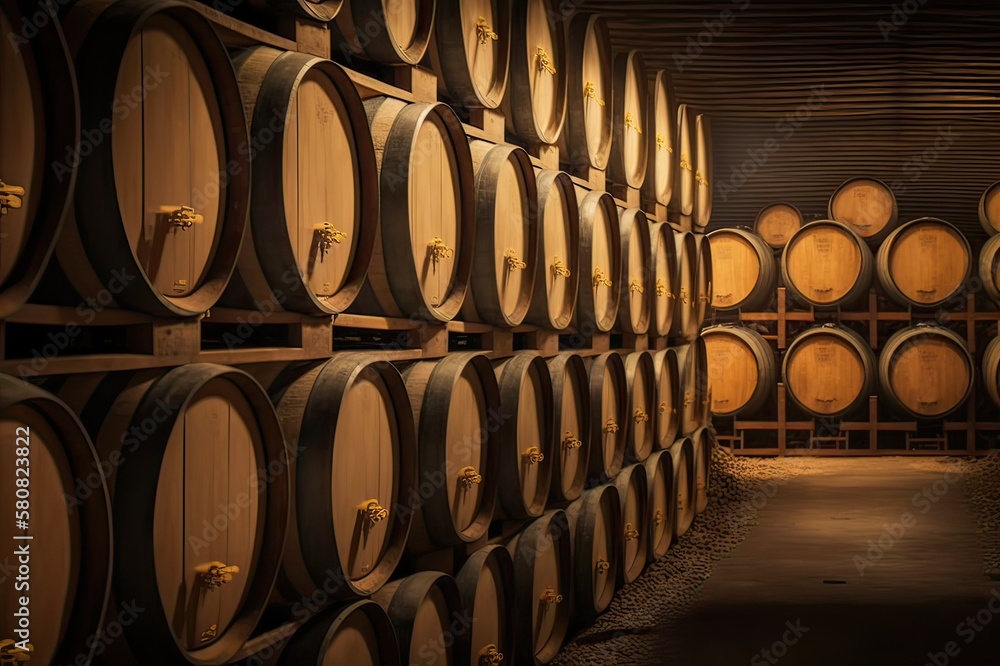 Wooden Barrels in Winery. Photo generative AI