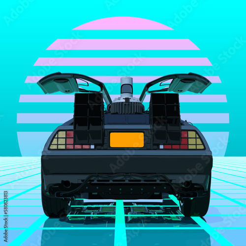Retro futuristic car against turquiose sky with striped sun on a grid neon surface. Cyberpunk concept. Synthwave poster. Retro future wallpaper. Vector illustration. EPS 10.