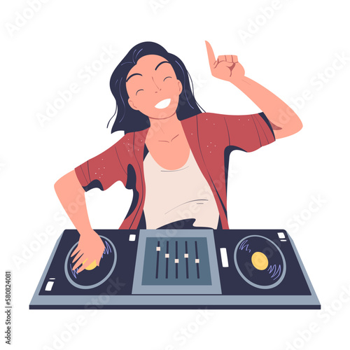Happy woman club DJ mixing modern music at console mixer at party cartoon vector illustration