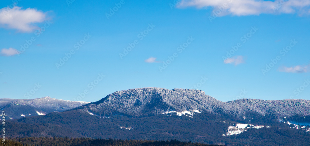 Landscape with the frozen forest on top of the mountains
