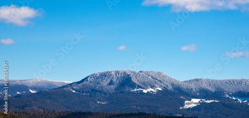 Landscape of a mountain with frozen pine forest on top