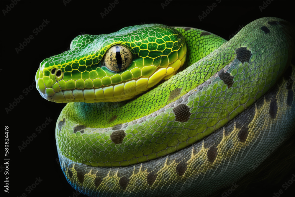 closeup of a green tree python (Chondropython viridis) snake. Generative AI closeup of a green tree python (Chondropython viridis) snake. Generative AI