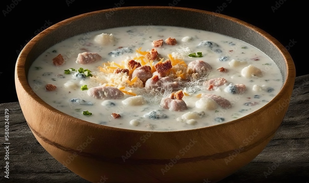  a bowl of soup with meatballs and cheese in it.  generative ai