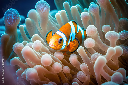 a cute anemone fish hiding between corals. Generative AI