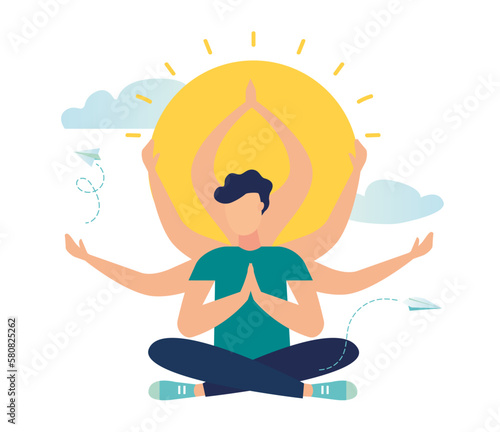 meditation workflow, health benefits for body, mind and emotions, lotus position, thought process, start and search for ideas Vector illustration