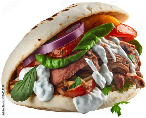 Kebab in a bun with vegetables. Kebab sandwich with meat. Grilled chicken with vegetables. Generative AI