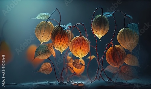  a painting of a group of leaves on a dark background. generative ai
