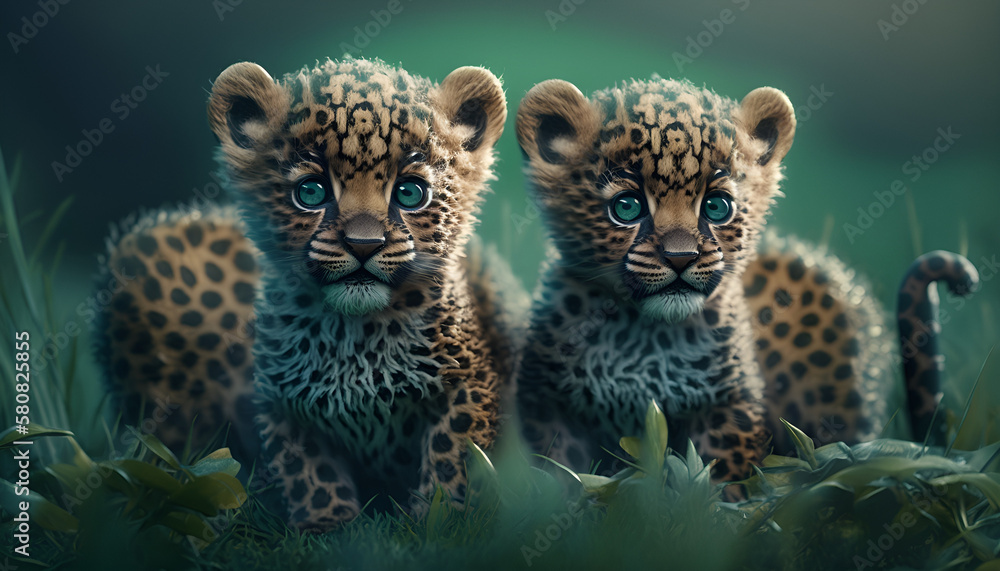 Fototapeta premium sweet jaguar cubs in the jungle - generative ai