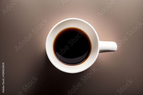 A pristine white coffee cup filled with hot, black coffee is viewed from above. Made using generative AI.