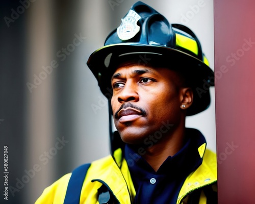 Stampa su tela Candid shot of a confident African American male firefighter in uniform standing