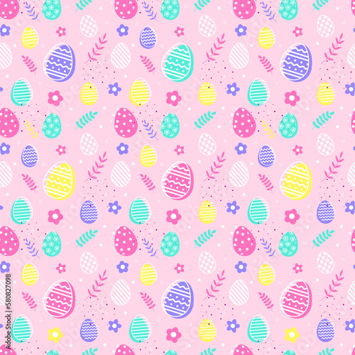 Colourful Easter background with eggs and flowers. Seamless pattern. Vector illustration