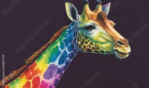  a giraffe with a rainbow colored neck and head is shown in this drawing by a child's drawing artist and has a black background. generative ai