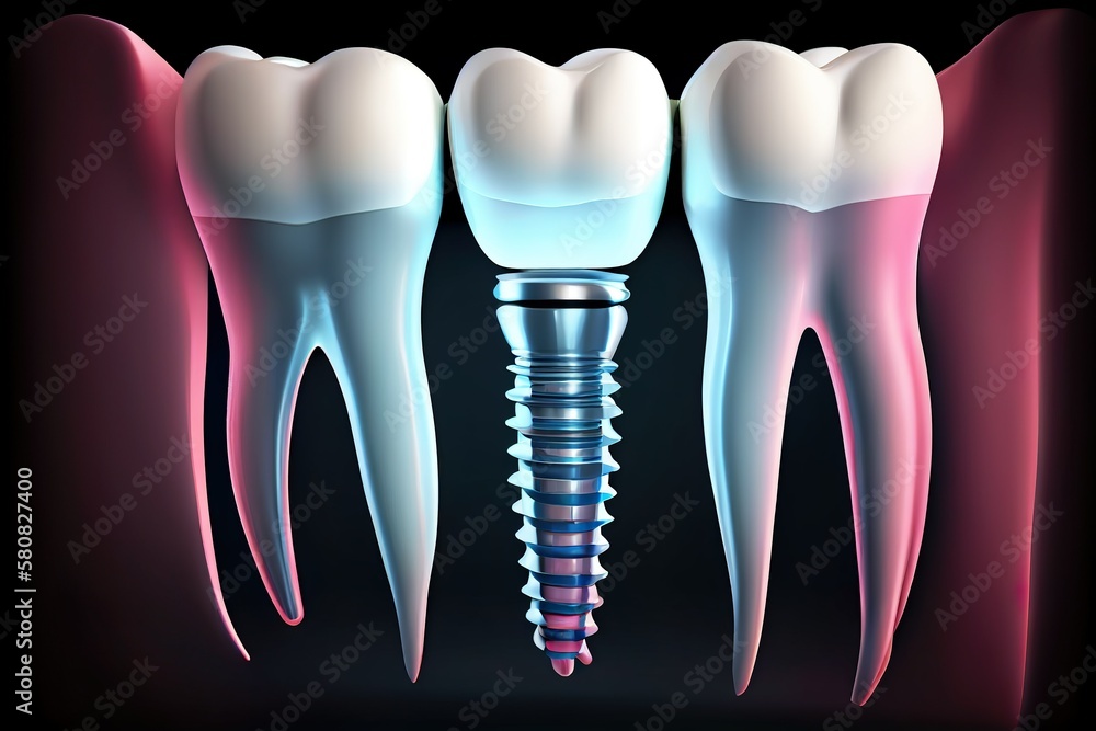 Tooth implant with screw root among teeth in gums. AI generative Stock
