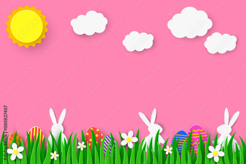 Colourful Easter background with bunnies and painted eggs hidden in spring grass. Paper cut decoration. Vector illustration
