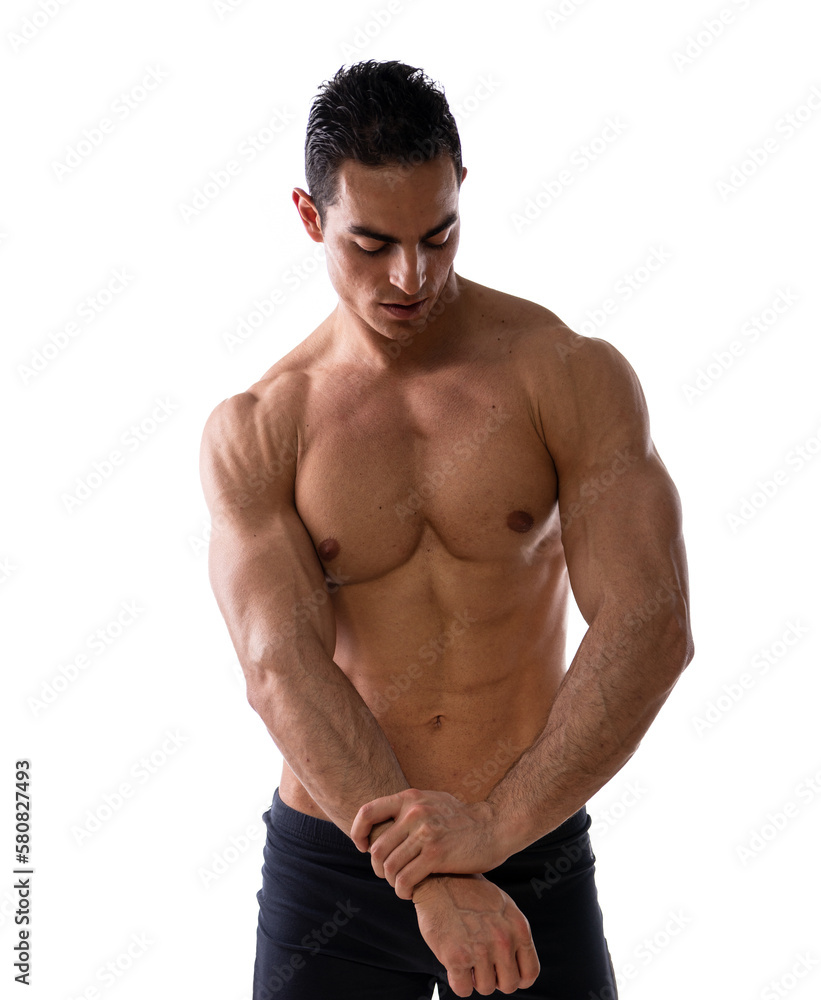 Handsome muscular shirtless young man stretching, in studio Handsome muscular shirtless young man stretching, in studio