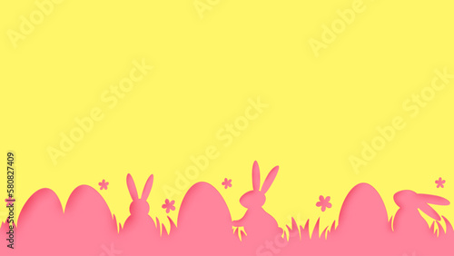 Easter background with paper cut eggs and rabbits. Minimal layout design. Vector illustration