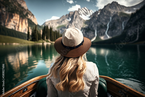 Tourist woman is sailing on a boat on a transparent lake among the mountains. Back view. Ai generated.