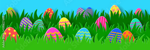 Colourful Easter eggs hidden in the grass. Paper cut style banner. Panoramic header. Vector illustration