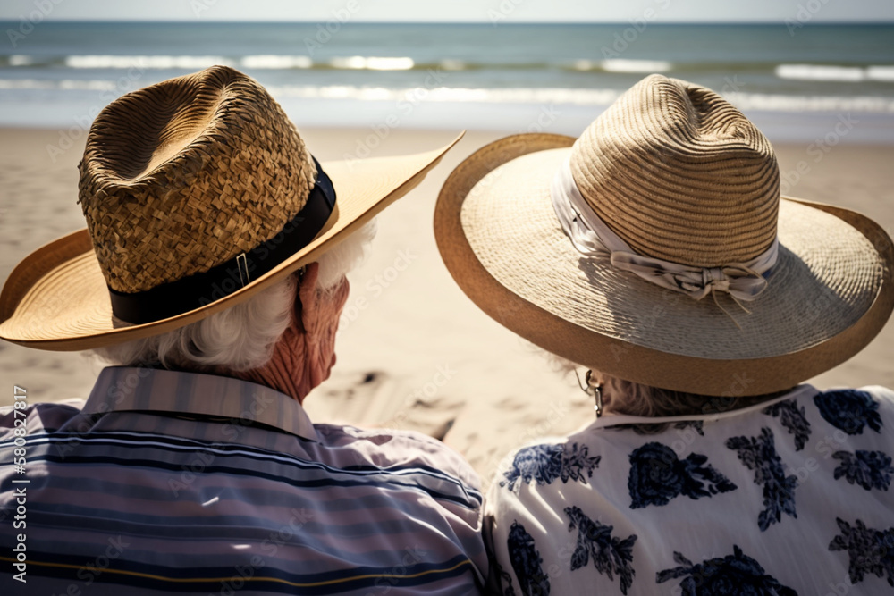 Elderly couple tourists looks at beautiful azure sea in summer, back view. Ai generated