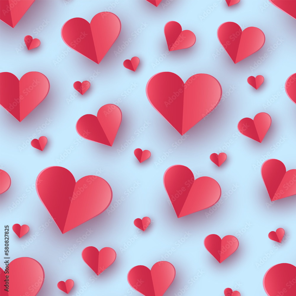 Paper cut hearts flying on blue background. Seamless texture. Concept of design for Valentine’s Day, Mother’s Day and Women’s Day. Vector illustration