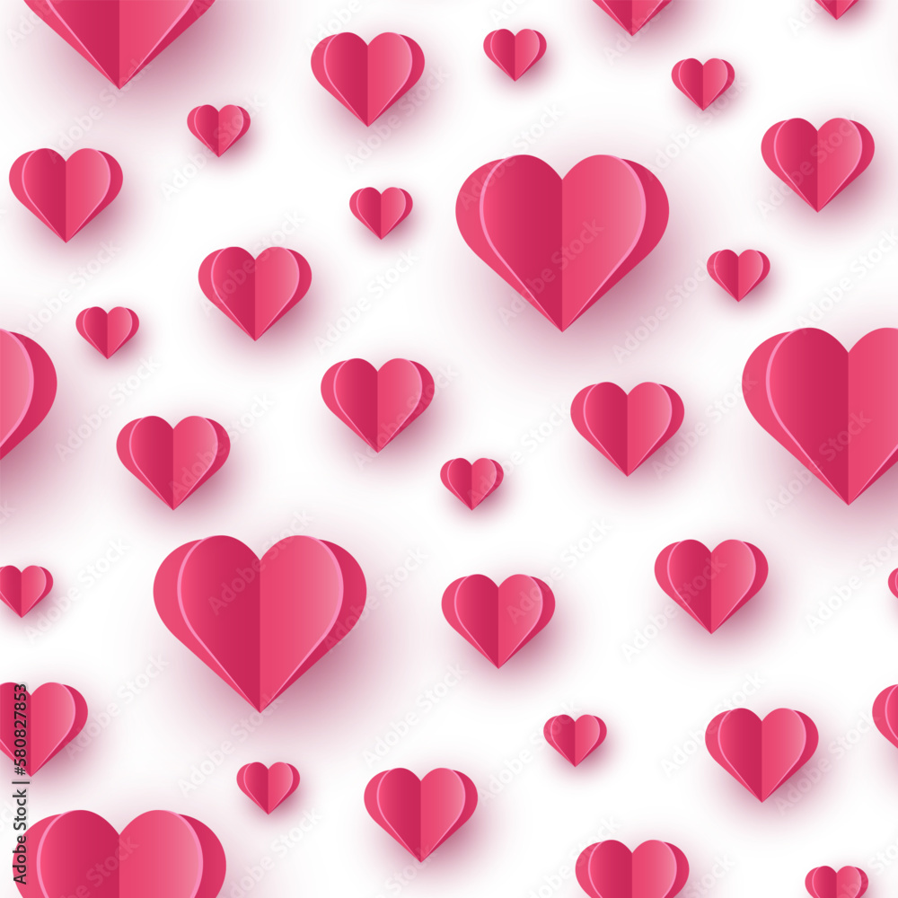 Paper cut hearts on white background. Seamless pattern design. Vector illustration
