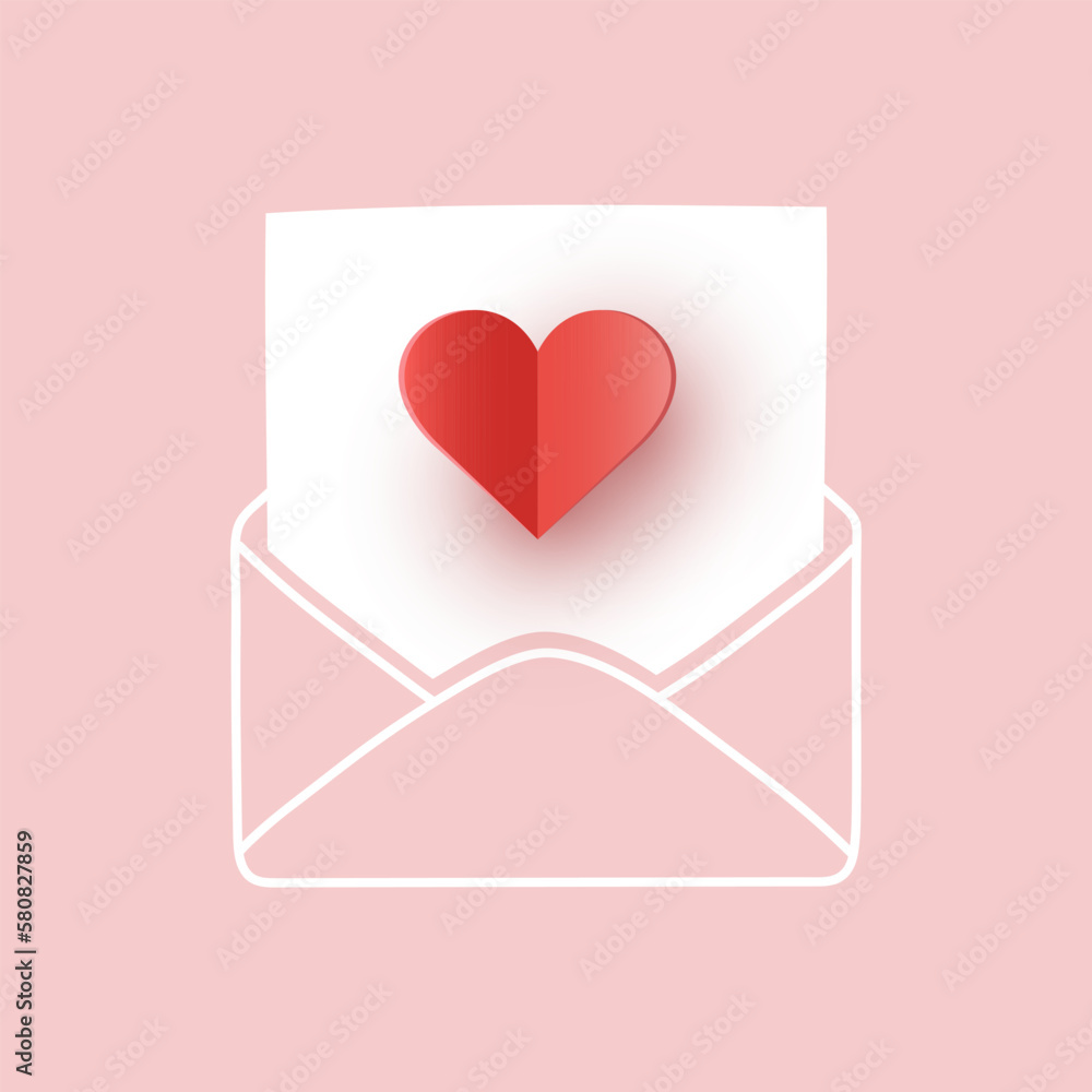 Paper cut hearts with envelope. Concept of a love message. Design for Valentine’s Day. Vector illustration