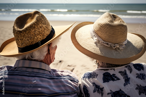 Elderly couple tourists looks at beautiful azure sea in summer  back view. Ai generated