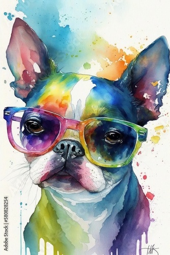 A Boston Terrier dog wearing glasses, digital watercolor style with bright colors. Generative AI.