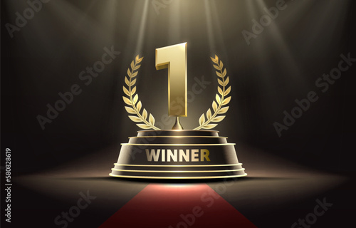 Stage podium with lighting, Stage Podium Scene with for Award Ceremony on red Background, Vector