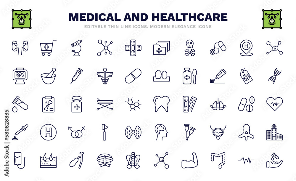 set of medical and healthcare thin line icons. medical and healthcare outline icons such as adrenal gland, microscope tool, skull and bone, heart rate monitor, blood analysis, molar tooth, dosage